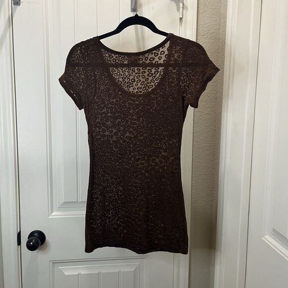 The PJ Shop Brown Animal Print Leopard Cheetah Teal Cross Sheer Top Women Size M - Picture 7 of 10